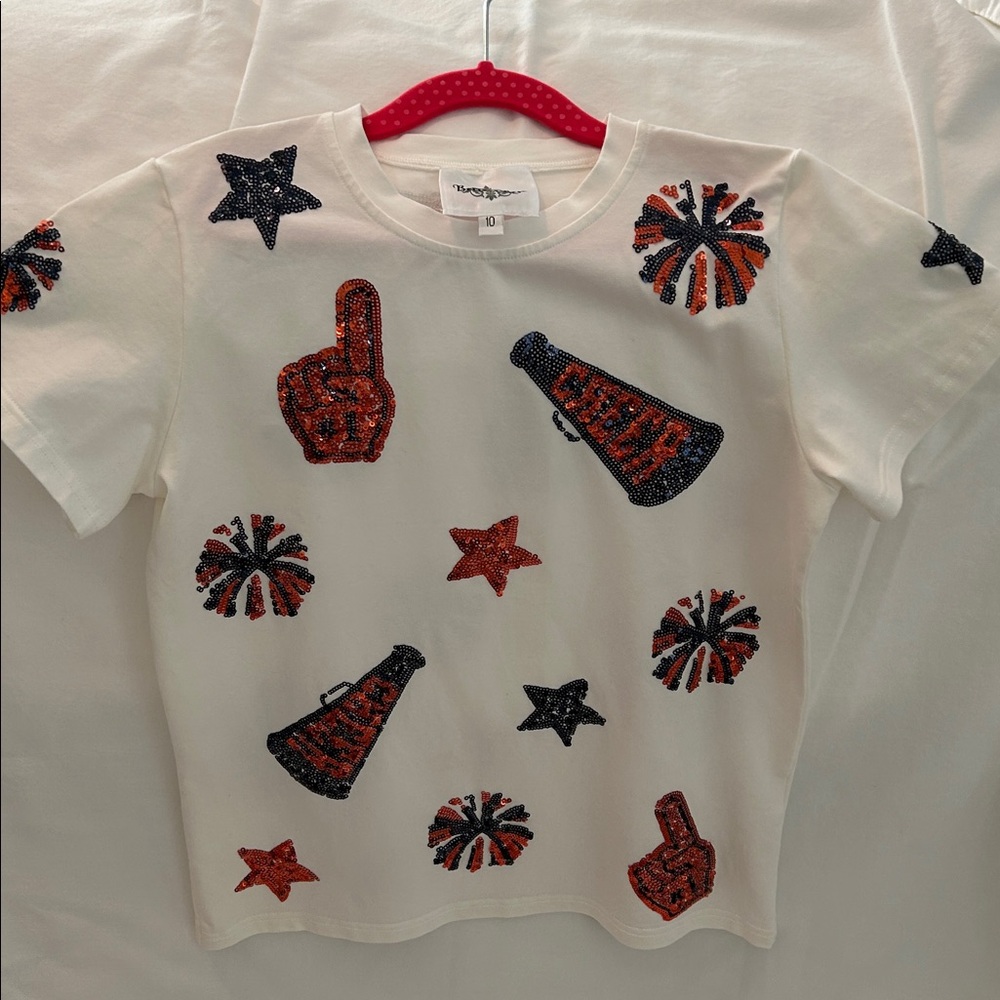 Off-white T-Shirt with Orange and Blue Cheerleader Graphics